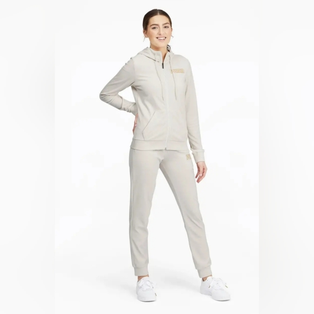 White And Gold Velour Puma Jogger Set